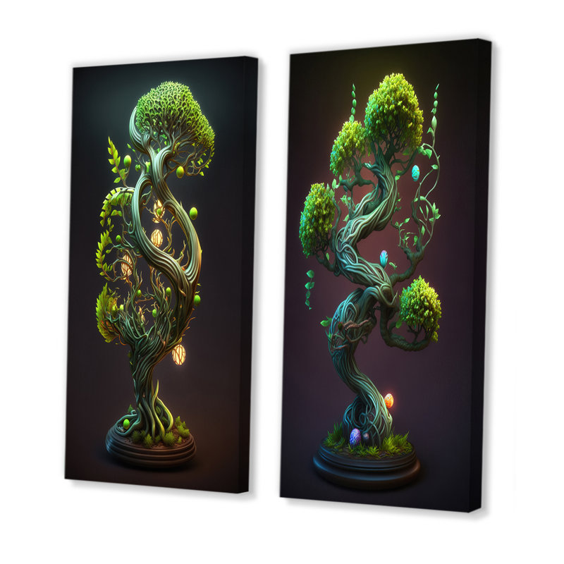 «Neon Bonsai Swirl Tree II», 2 pièces, Toile tendue, H 40 po x l 40 po
