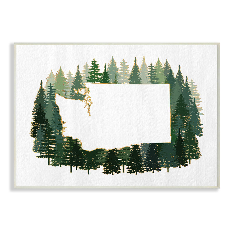 Silhouette de l'État de Washington, pins, forêt verte, Plaque murale, H 10 po x l 15 po