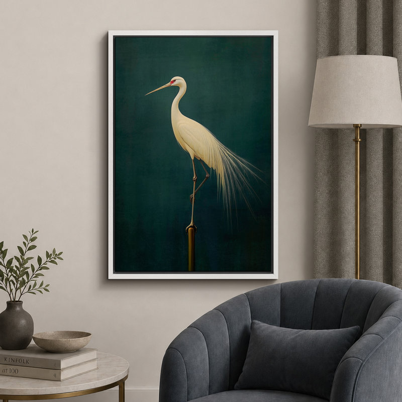 Oiseau aigrette vert rétro, photos de salle de bain rustique moderne, impression sur toile encadrée, H 24 po x l 16 po, Blanc