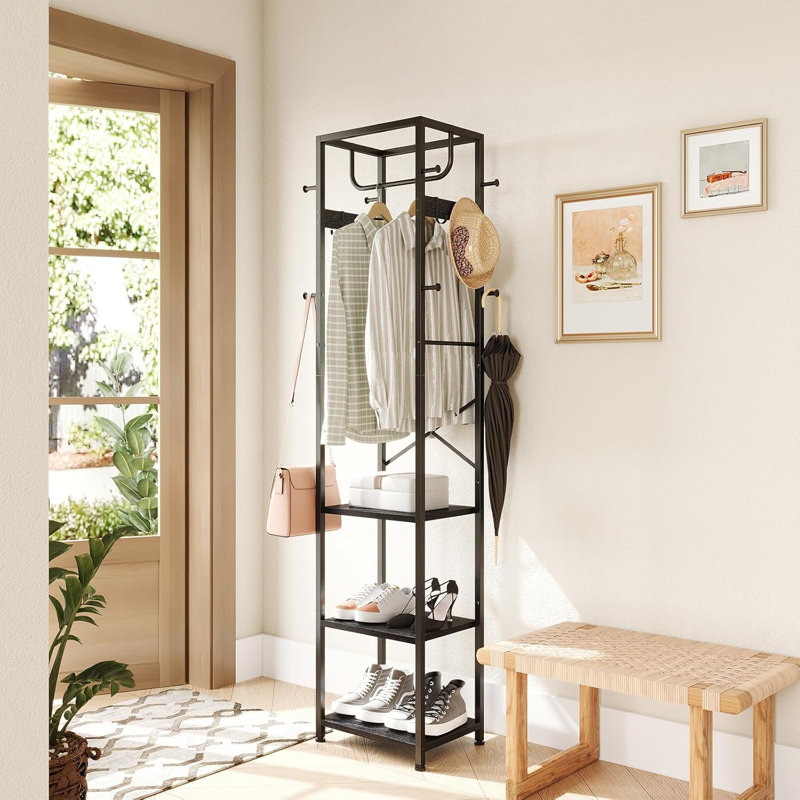 Independent Coat Rack, Hall Tree, With 3 Storage Racks And 12 Hooks, Black