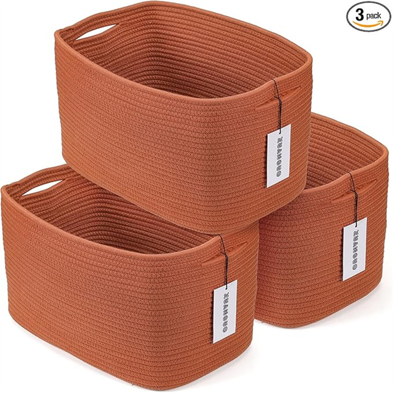 Rust Rectangular Wicker Storage Baskets with Handles, Set of 3