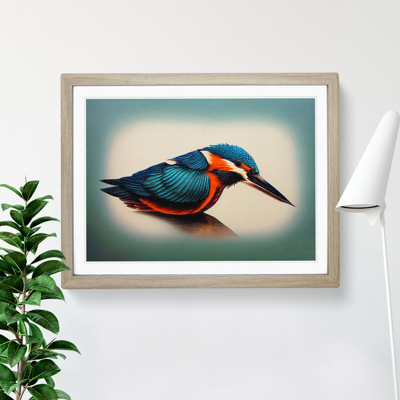 Vibrant Kingfisher Bird - Framed Print, 46cm H x 64cm W x 2cm D, Oak