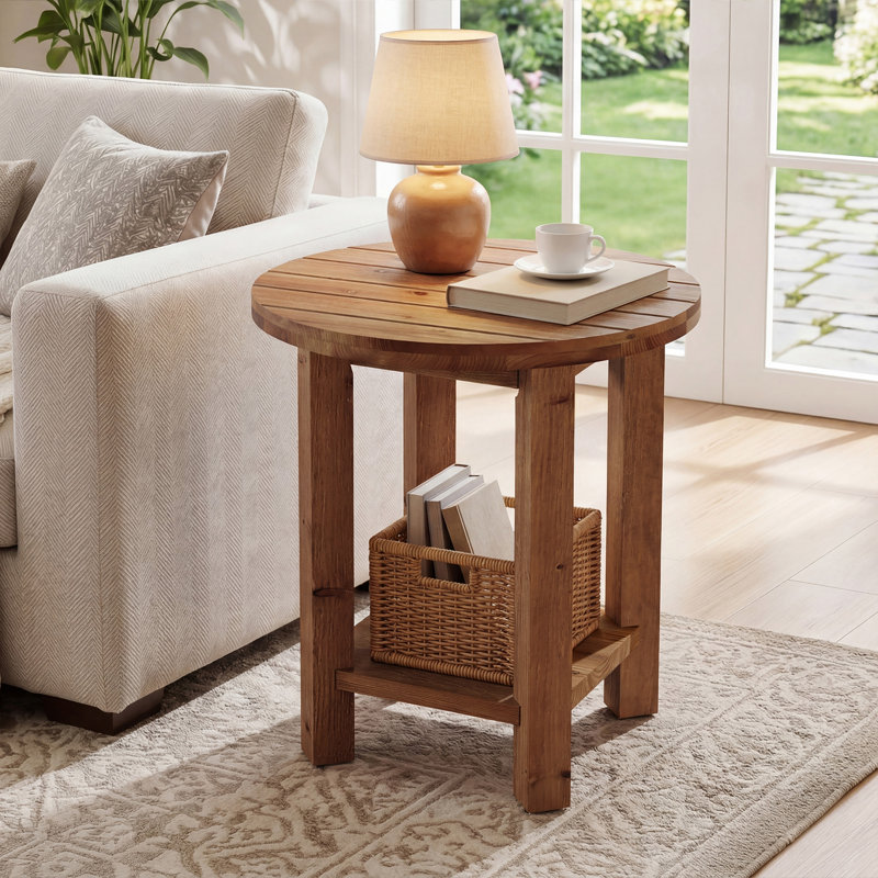 Table de bout ronde en bois massif avec rangement à 2 niveaux pour le salon, petits espaces (1)