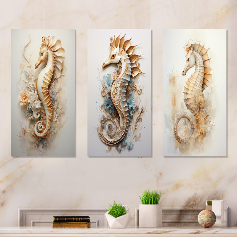 Hippocampe magique beige - ensemble de 3 reproductions d'art en métal hippocampe, H 28 po x l 36 po
