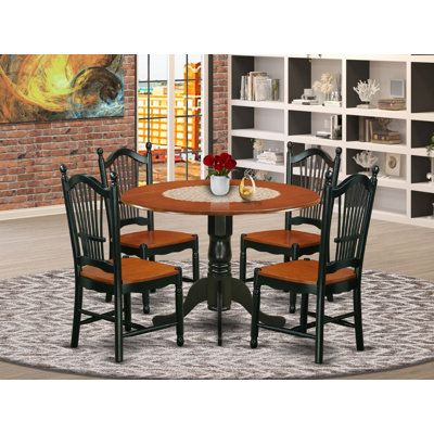 5 Piece Modern Dining Table Set Includes a Round Wooden Table with Dropleaf and 4 Kitchen Dining Chairs, Black & Cherry