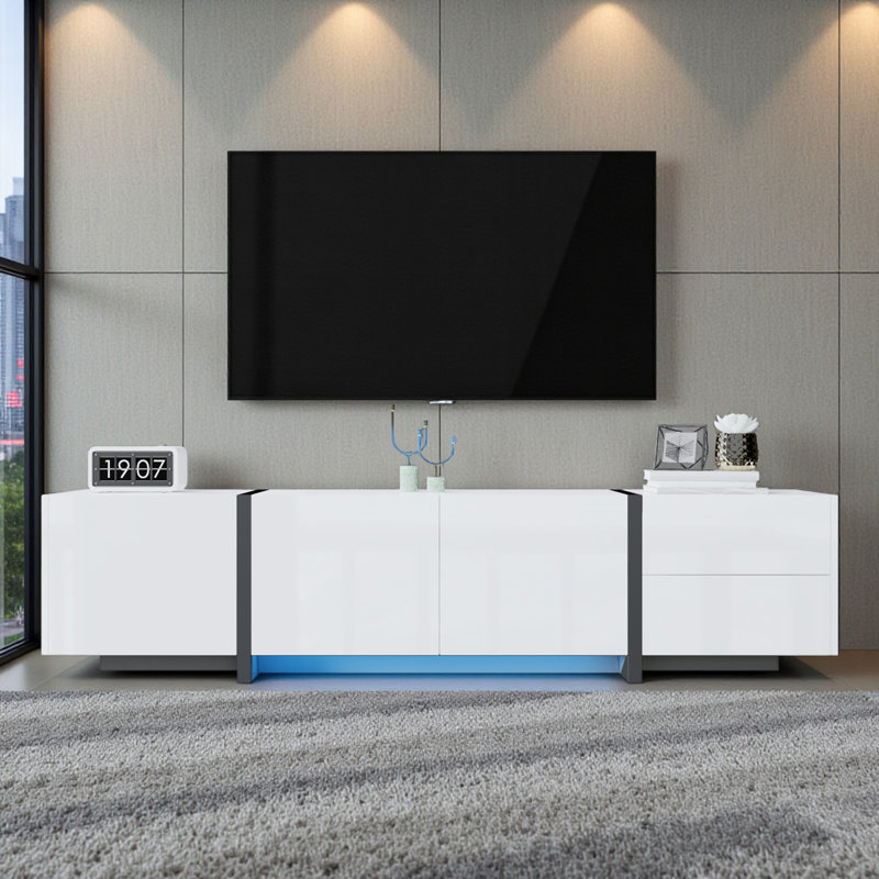 Modern High-gloss Tv Cabinet - Media Unit With Storage, 170cm W x 45cm Hx35cm D, White/Black