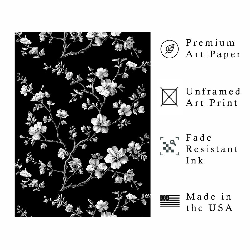 Floral noir et blanc, fleur de Draeam IV, reproduction d'art moderne sans cadre, H 36 po x l 24 po