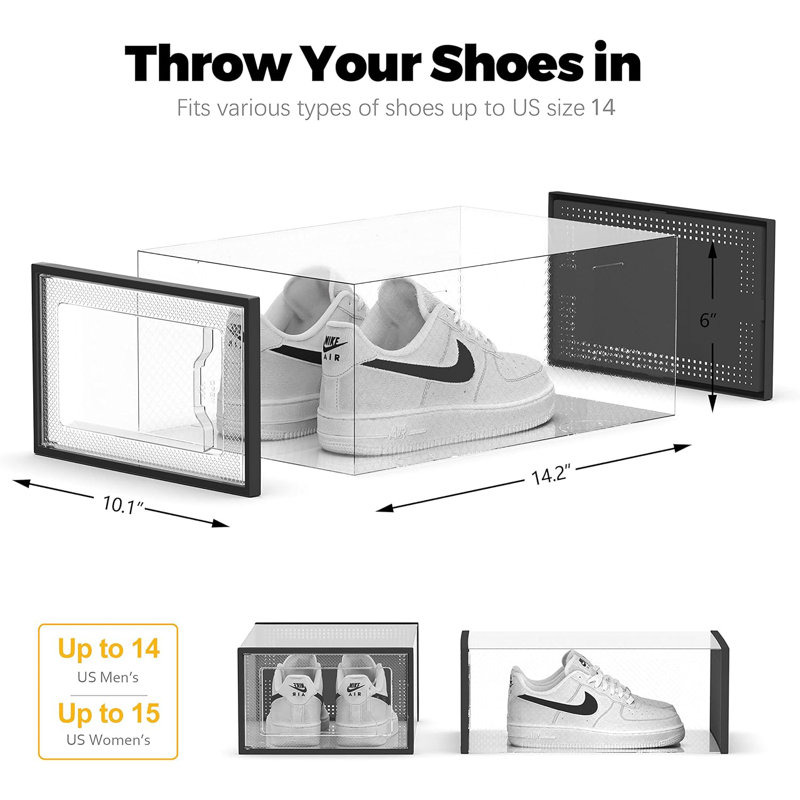 Boîte de rangement pour chaussures empilable en plastique transparent avec trous de ventilation, fermoir à pression, porte avant transparente pour faciliter l’identification, organisateur pour placard, chambre à coucher et vestibule