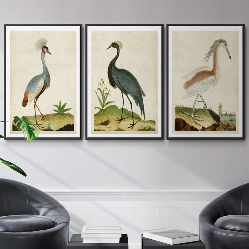 Heron Portrait I, ensemble de 3 toiles encadrées, H 27 po x l 54 po, Cadre noir