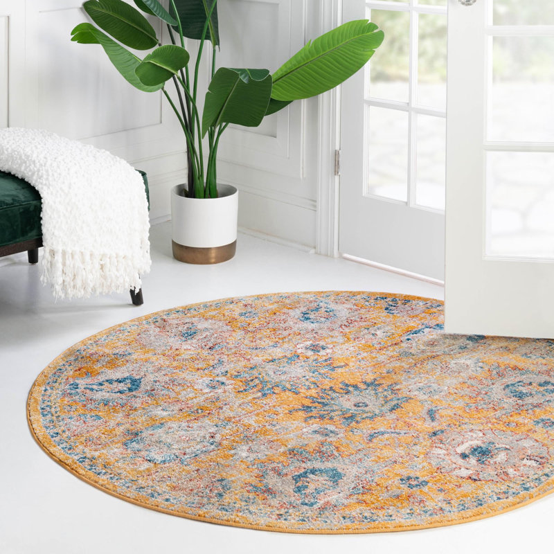 Tapis jaune à motif floral Akira, Rond 7 pi 10 po