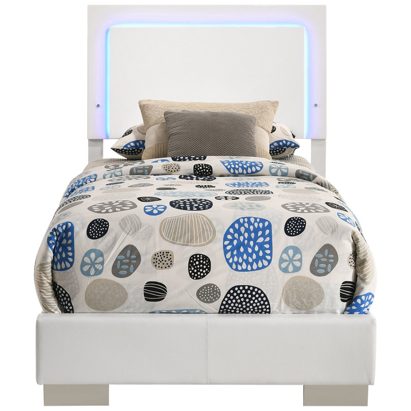 Lit simple avec surface blanche ultrabrillante, panneau lumineux à DEL, détails à lattes et quatre cadres de soutien robustes pour la chambre à coucher, 81 po de longueur de décor de colonnes, 48,5 po