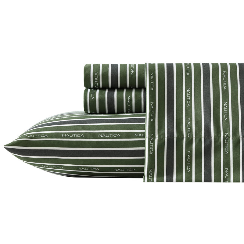 Nautica Ocean Breeze Cooling Striped Sheet Set, Queen Sheet Set with 2 Pillowcases, Green Striped