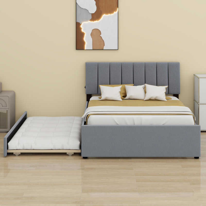 Upholstered Platform Bed With Trundle, Gray