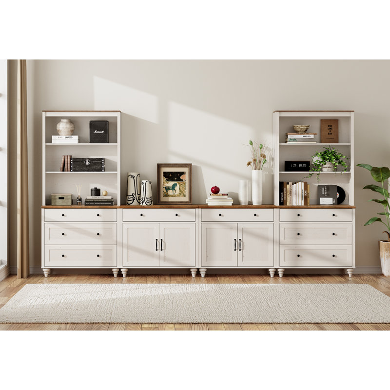 Scarlett Sideboard Cabinet With Bar Hutch, Buffet Cabinet With 4 Wood Doors, 8 Drawers And 3 Tier Shelves, 135'', White