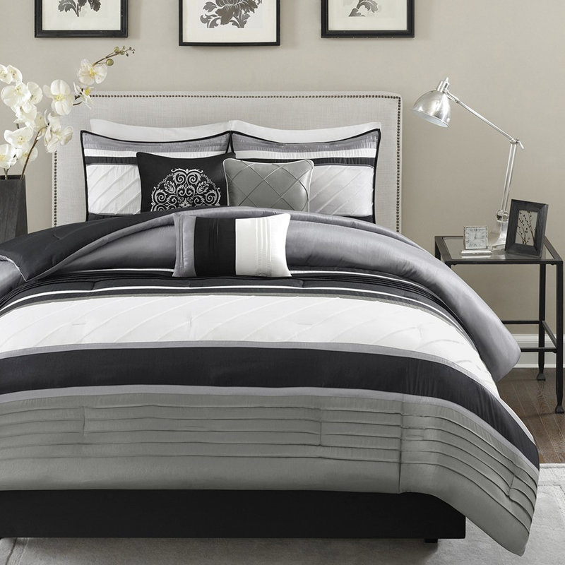 Édredon 7 pièces gris pour très grand lit - détails rembourrés, taies décoratives et oreillers, Gris