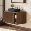 Meuble-lavabo simple mural de 30 po avec lavabo vasque en céramique, comptoir en pierre frittée et armoire en bois cannelé, finition chêne rétro, 2 portes à fermeture en douceur et tablettes ouvertes-610633039-733914450