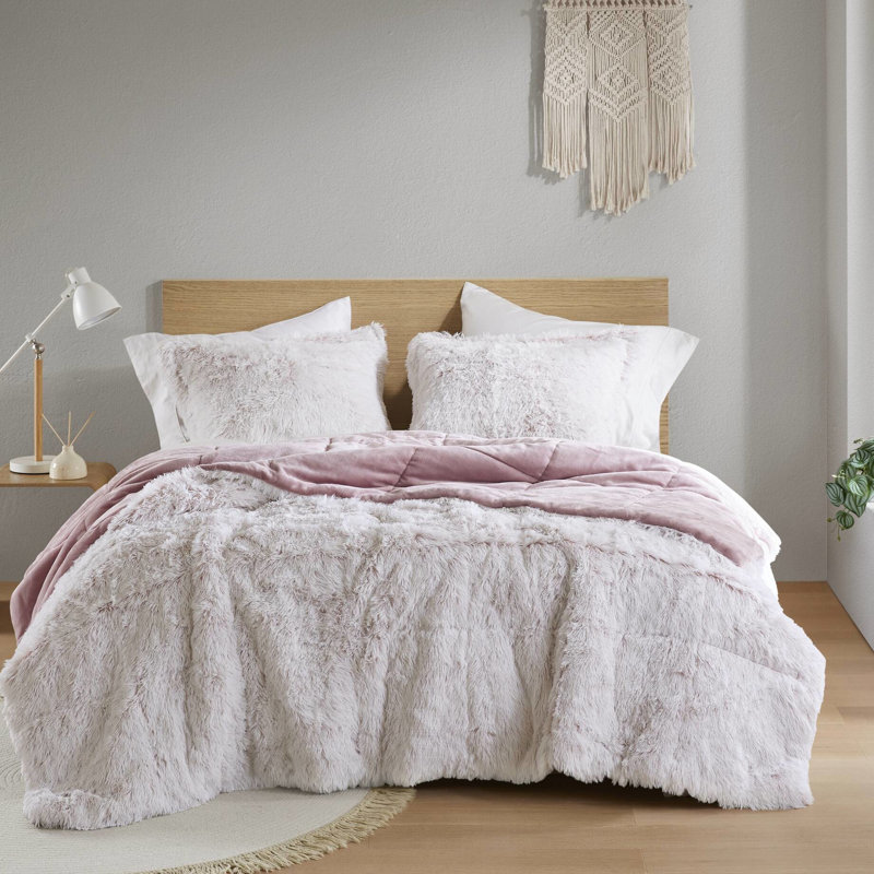 3 pièces d'édredon en fausse fourrure à poil long double / grand avec rose et blanc, rembourrage, envers doux et chaud, séchage par culbutage à basse température