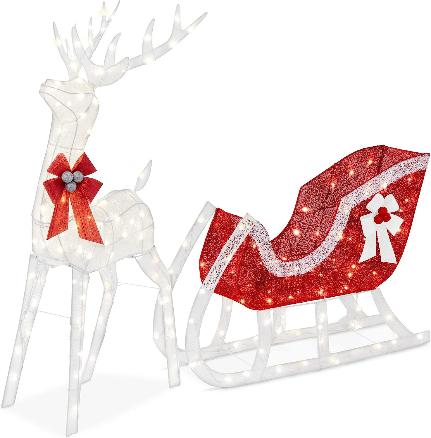 Reindeer Sleigh Yard Lighted Display, White, 48"H x 62"W x 10"D