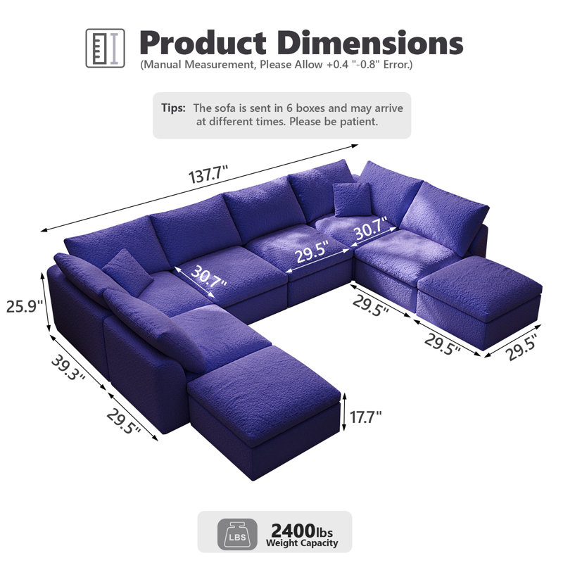 196.8" W 8 - Piece U Shape Upholstered Sectional Sofa Oversized 8-seater Modular Sofa With Ottomans