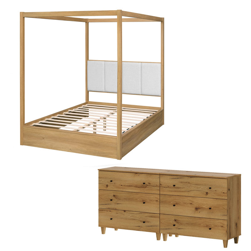 Bedroom Furniture Set, Queen Size Solid Wood Canopy Bed And 71" Dresser With 6 Drawers, 2 Pcs: Bed, Double Dresser