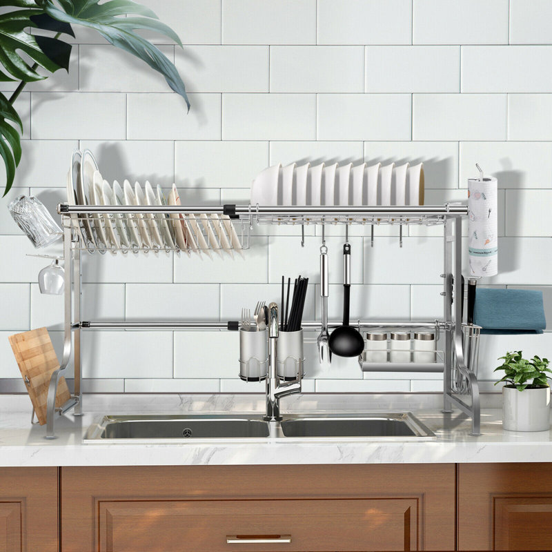 Adjustable Stainless Steel Over The Sink Dish Rack, Silver