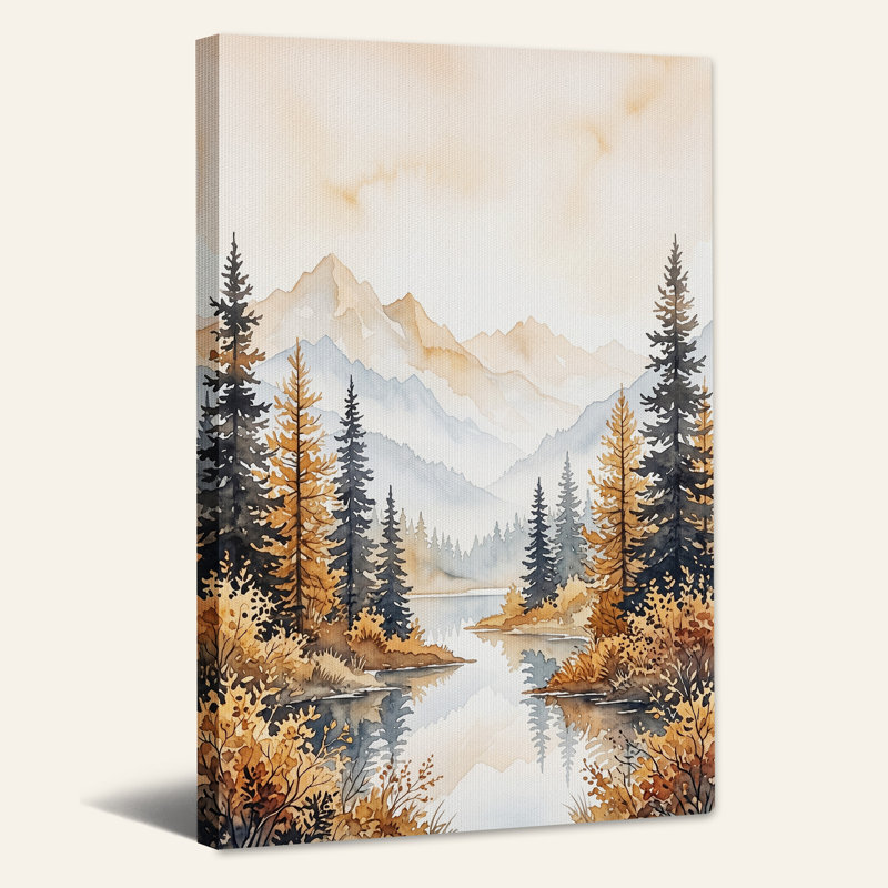 «Autumn Pine Trees and Mountain Lake», art mural sur toile, H 36 po x l 24 po