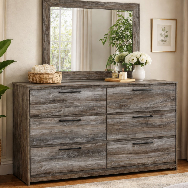 Bays 2Pc Dresser And Mirror Set, 6 Drawers, Charcoal Handles, Gray