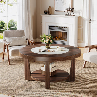 Wood Round Coffee Table With 2-Tier Storage Shelves by Wrought Studio