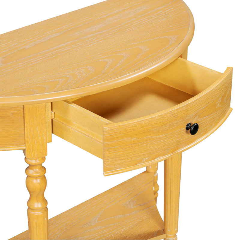 Console demi-lune avec tiroir et tablette, table d'appoint pour entrée, salon, couloir et vestibule, Natural