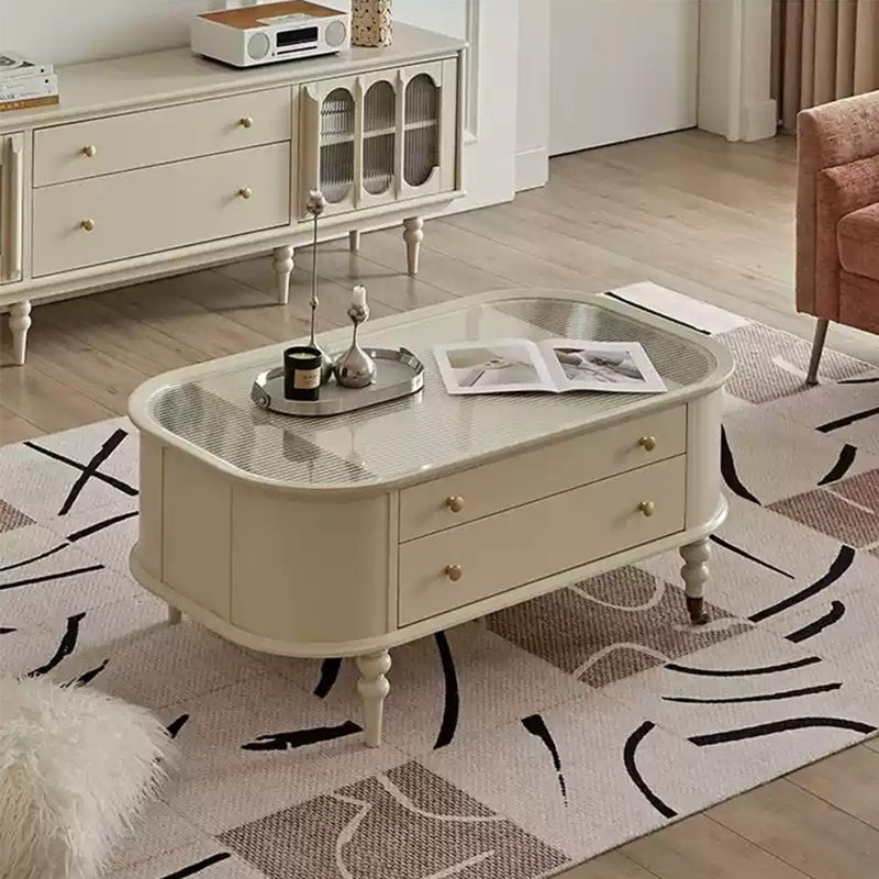Cream white roller coffee table, 18.89" H x 51.18" L x 27.55" W