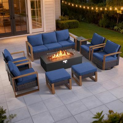 Drazen 9 - Person Patio Furniture Set With Fire Pit Table, All-Weather Wicker Outdoor Conversation Set With Chair And Thick Cushions