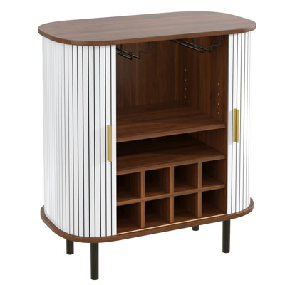 28" Fluted Wine Bar Cabinet With 8-Grid Wine Rack, 5-Level Adjustable Shelves, 2 Glass Holders, Smoothly Sliding Tambour Doors, 4 Hidden Storage Space On The Side, Modern Liquor Coffee Station, White