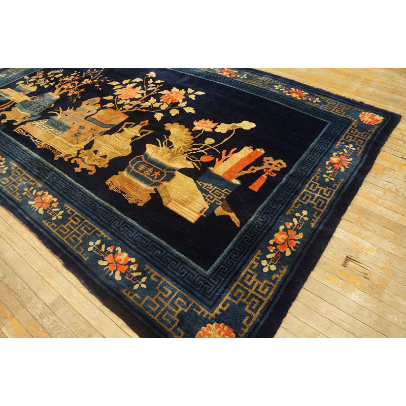 Blue Flowers Vase Pattern Antique Blue Color Baotou Chinese Wool Rug