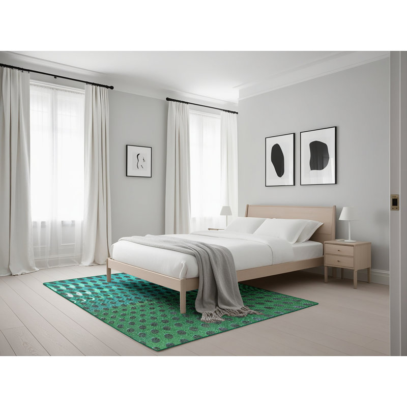 Tapis vert/bleu tissé à la machine, Rectangle 5 pi x 7 pi