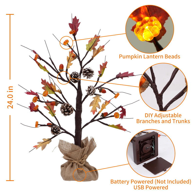 2 Pack of 24-Inch LED Lighted Artificial Fall Oak Maple Pumpkin Trees for Autumn Decor.