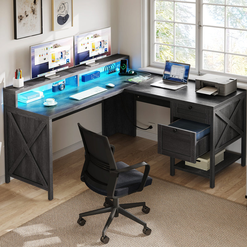 Esita 59" W L-Shaped Manufactured Wood Executive Desk with Outlets
