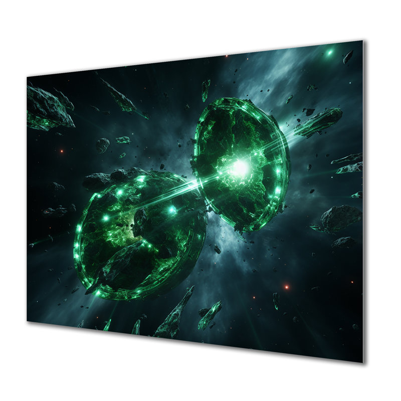 «Green and White Cosmos Explosion I», art mural en métal Planète de l'espace, H 12 po x l 20 po x P 1 po
