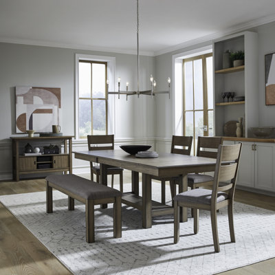 Luz 6 Person Trestle Dining Table Set w/ Slat Back Upholstered Chairs & Bench