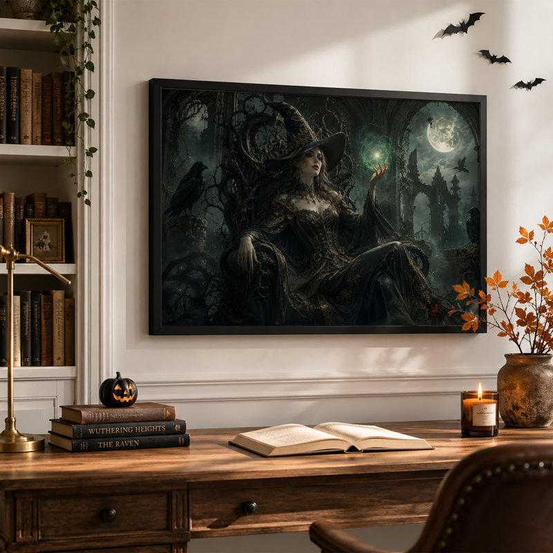 «Dark Fantasy» sorcière tenant un orbe magique vert sur toile d'Halloween, H 16 po x l 24 po