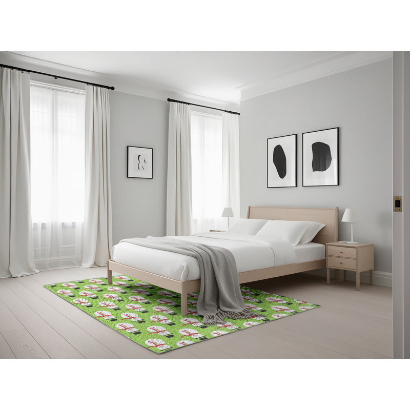 Tapis vert/blanc à motifs légers Toshiro, Rectangle 5 pi x 7 pi
