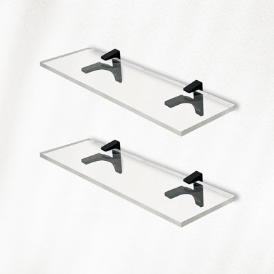 Tablettes transparentes transparentes murales transparentes de 14,5 pouces et 3/4 po d'épaisseur pour chambre à coucher, salon, salle de bain, cuisine - avec vis et supports de finition noire, paquet de 2