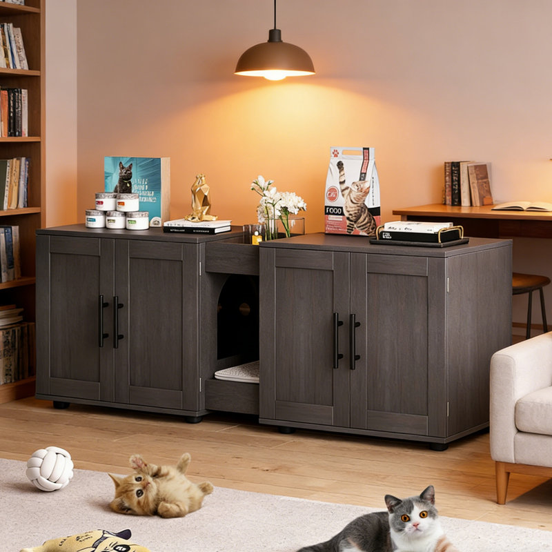 Enceinte de litière pour chat, meubles cachés en bois pour chambre double avec rangement, Noir