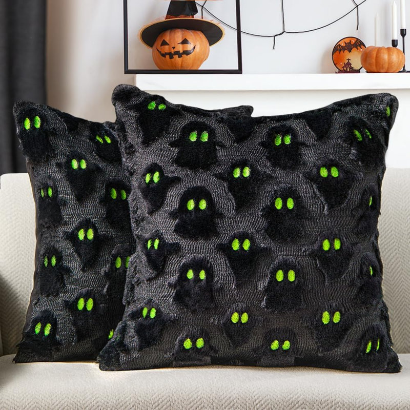 Housses de coussin Halloween 40x40 cm (2 pièces) Fantôme blanc Décoration Halloween Ensemble de 2 housses de coussin décoratives en fausse fourrure et laine pour fauteuil, canapé, chambre, salon