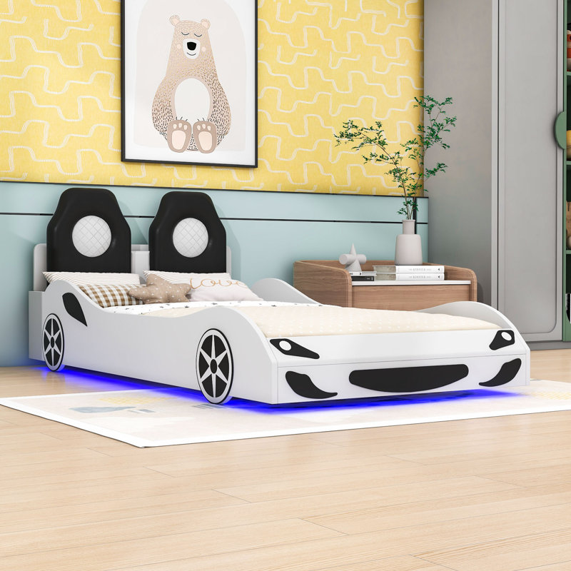 Lit plateforme tapissier en bois en forme de voiture avec éclairage DEL, Blanc