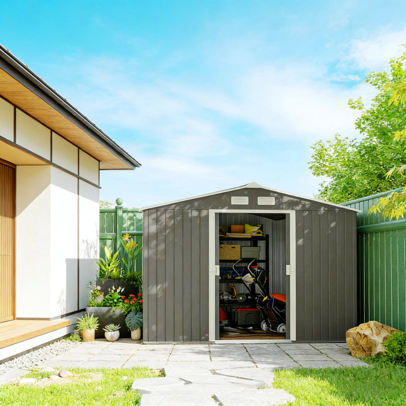 Remise de jardin en métal, remise extérieure, H 75,5 po x l 109 po x P 76,8 po, Gris clair