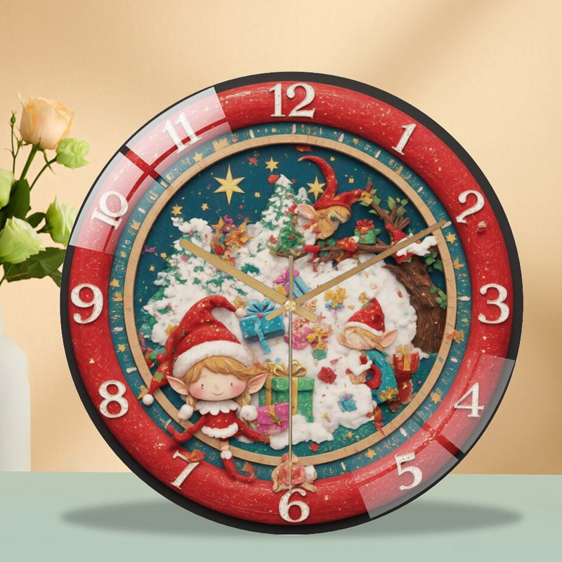 Christmas-Clock-With-Elves-And-Gifts Art - 12'' Modern Glass Wall Clock