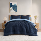 Solid Reversible Blue Comforter Set With Sheet Set