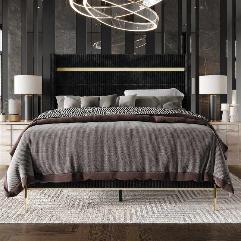 Anaika Corduroy Upholstered Low Profile Standard Bed, Black, Twin