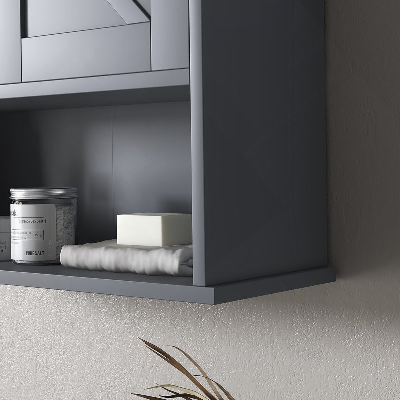 Armoire de salle de bain Farmhouse, armoire à pharmacie murale avec tablette ouverte et tablette réglable, rangement pour salle de lavage, gris
