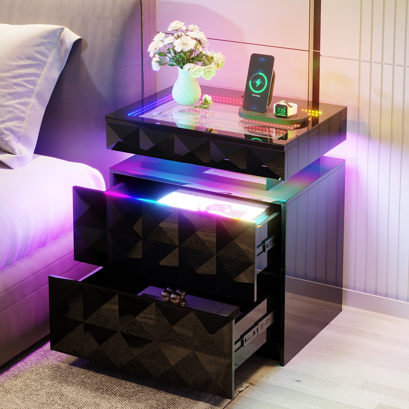 2-Drawer Nightstand with Adjustable RGB Light and Human Body Detection,Fashionable Mirror Visual Design Bedside Table with Charging Station